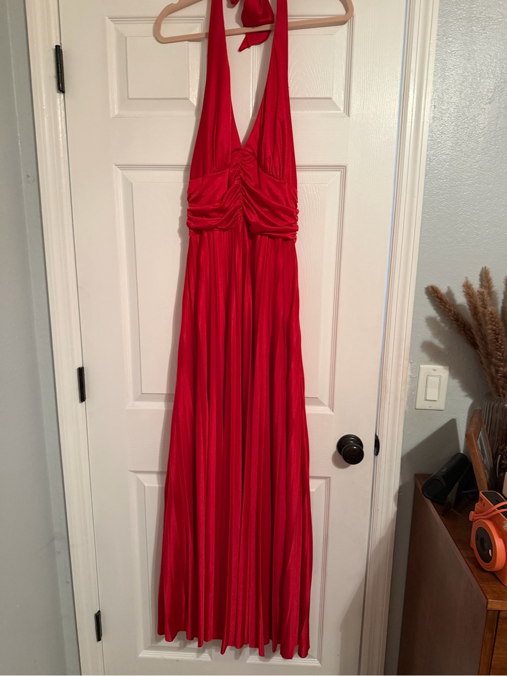 Betsy & Adam Red Halter Ruched Maxi Dress